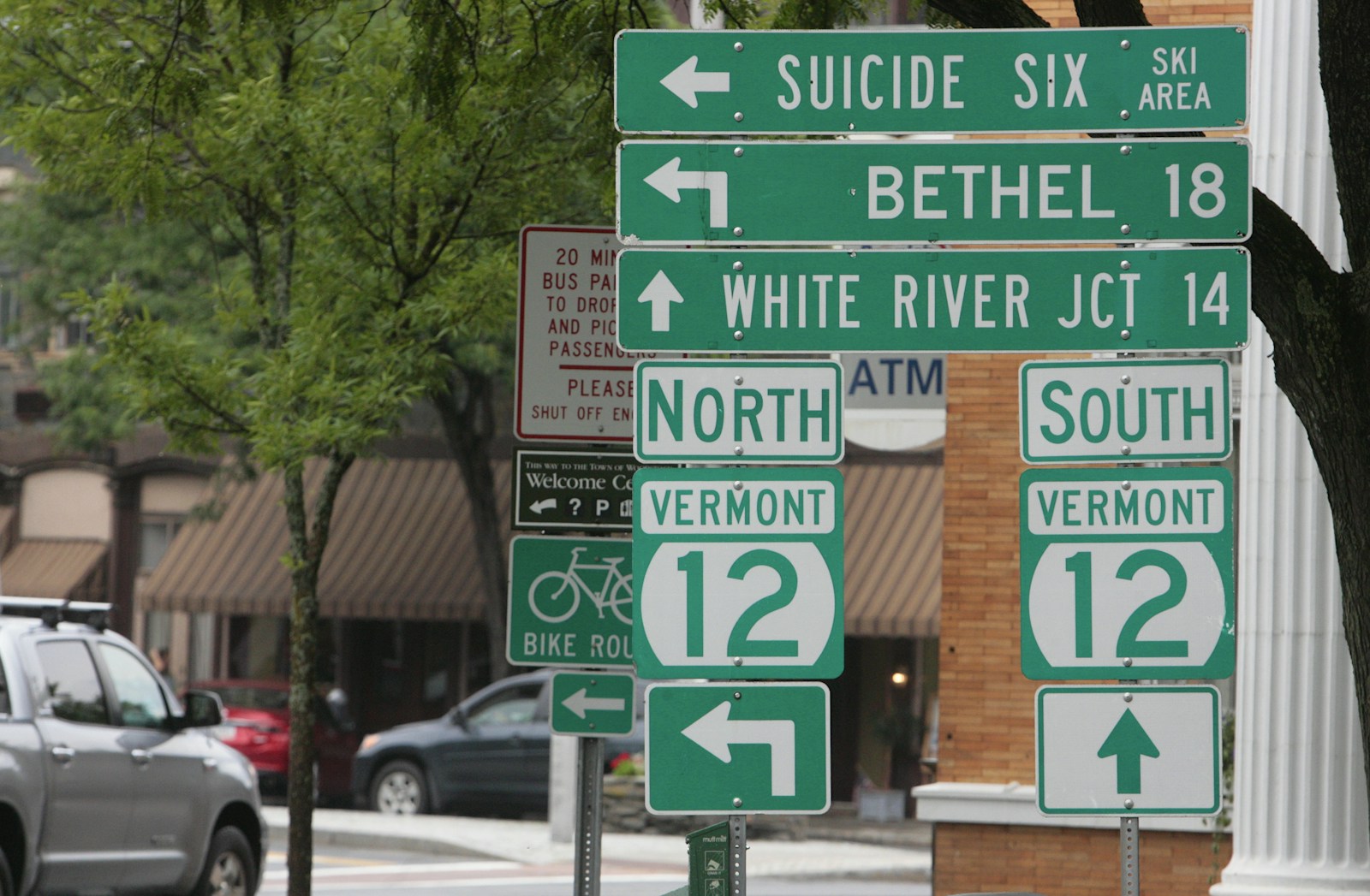 Road junction with multiple signs
